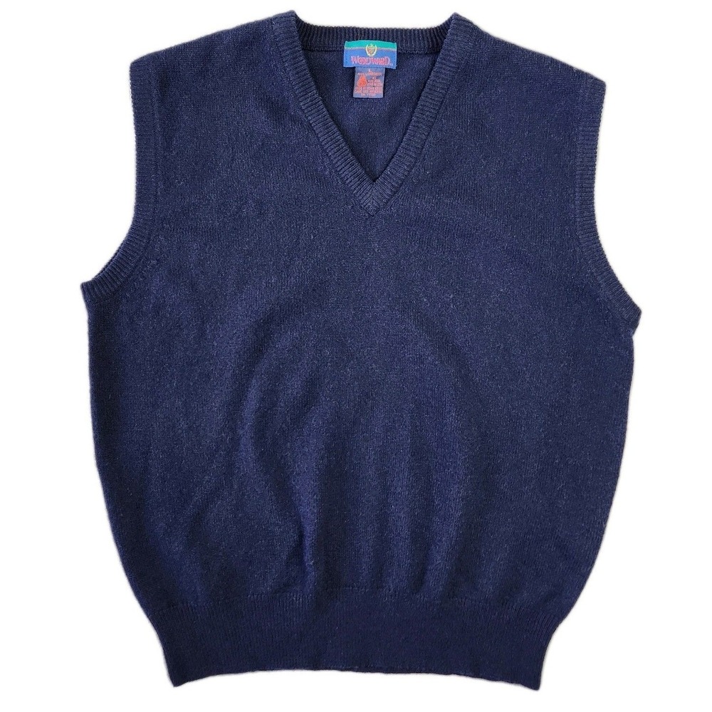 Woodward Mens V Neck Navy Blue Lambswool Sweater Vest Size L‎ Business Career